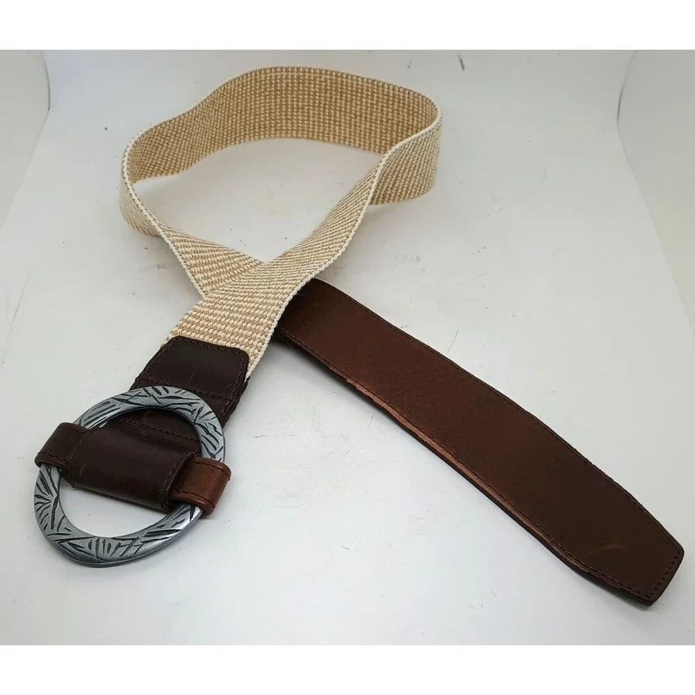 Travelsmith Genuine Leather Belt Brown Beige Stretch Statement Wide Size S